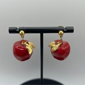 1992 Vintage Avon - Red Lucite Apple A Day Dangle Earrings Gold Tone